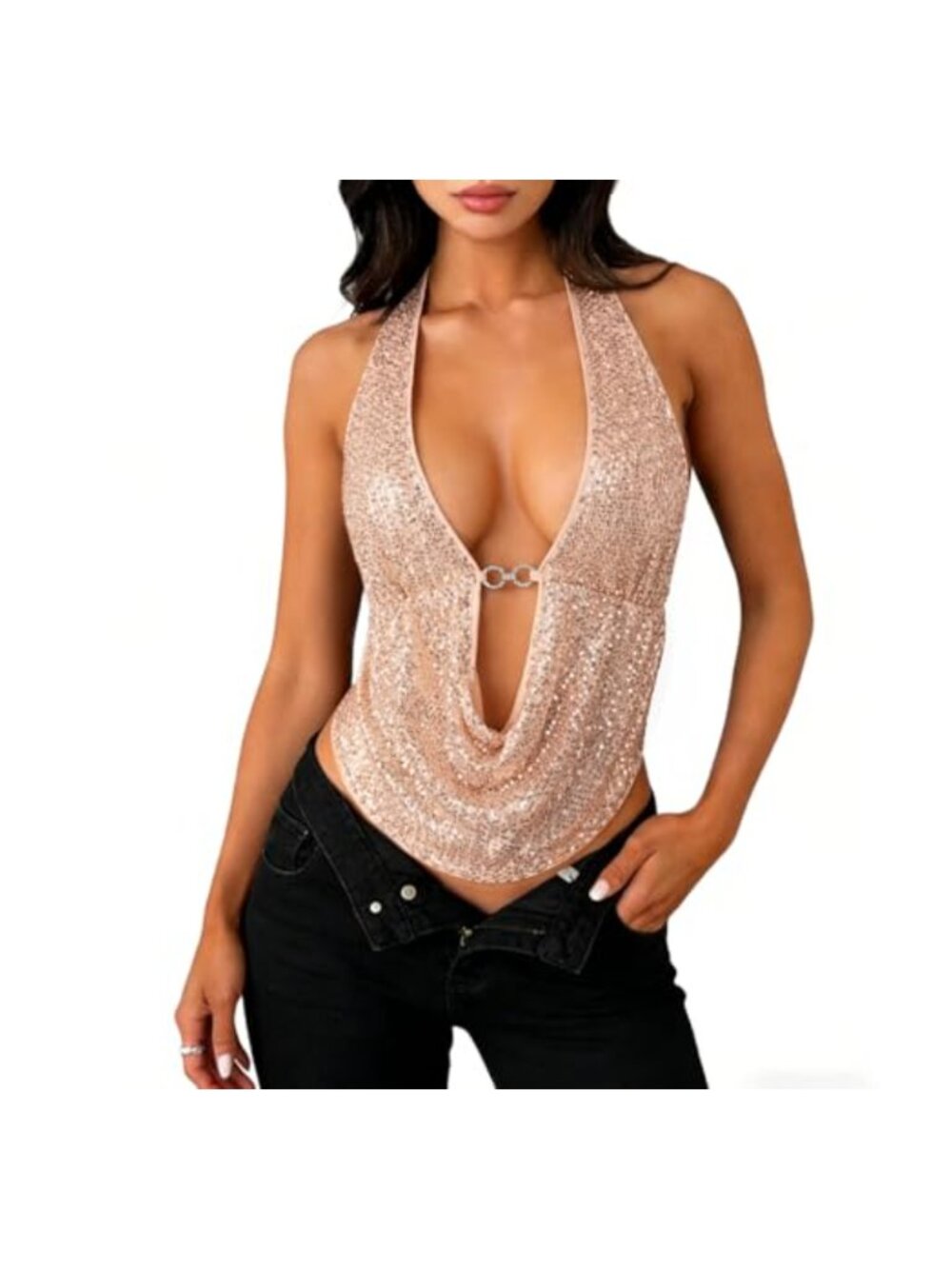Women's Y2K Sequin Halter Top Leopard Print Backless Deep V Cowl Neck Tie Back